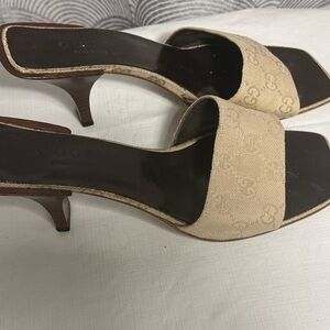 Gucci Beige Canvas GG Logo Slide Mules